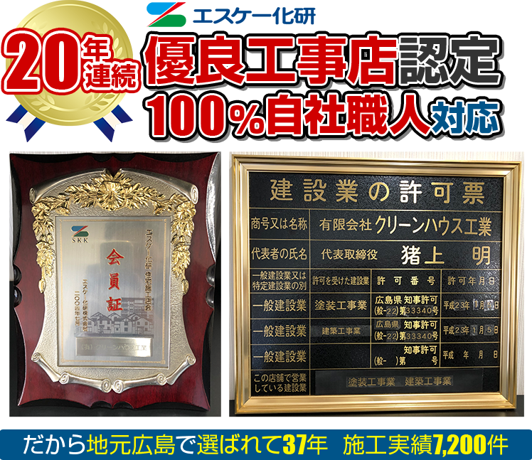 19年連続エスケー化研優良工事店認定 100%自社職人対応 だから地元広島で選ばれて36年 施工実績6,800件